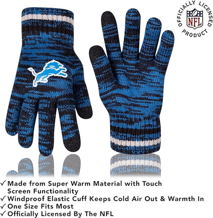 Ultra Game Adults Unisex NFL Official Super Soft Marl Knit Winter Beanie Knit Hat with Extra Warm Touch Screen Gloves|Detroit Lions