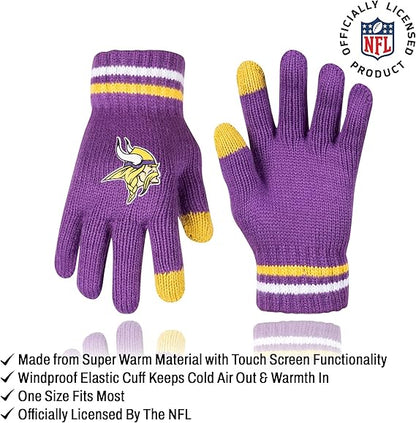 Ultra Game NFL Official Youth Super Soft Winter Beanie Knit Hat With Extra Warm Touch Screen Gloves, Minnesota Vikings, Team Color 1, 1 SIZE|Minnesota Vikings