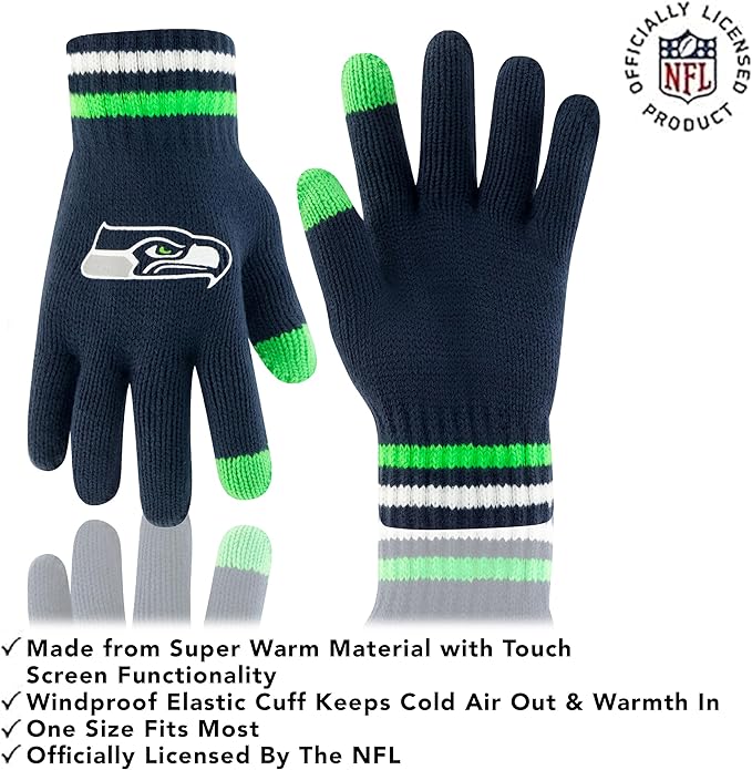 Ultra Game NFL Seattle Seahawks Womens Super Soft Team Stripe Winter Beanie Knit Hat with Extra Warm Touch Screen Gloves|Seattle Seahawks