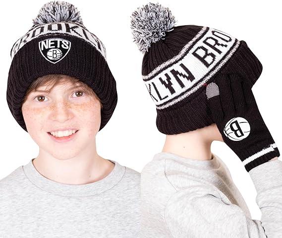 Ultra Game NBA Official Boys Girls Super Soft Winter Beanie Knit Hat With Extra Warm Touch Screen Gloves, Brooklyn Nets, Team Color, 1SIZE|Brooklyn Nets