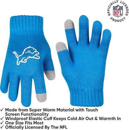 Ultra Game NFL Official Adults Unisex Super Soft Winter Beanie Knit Hat With Extra Warm Touch Screen Gloves, Detroit Lions, Team Color, 1SIZE|Detroit Lions