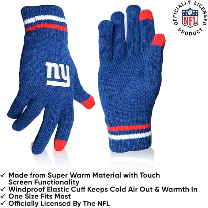 Ultra Game NFL Official Adults Unisex Super Soft Winter Beanie Knit Hat With Extra Warm Touch Screen Gloves, New York Giants, Team Color 2, 1SIZE|New York Giants