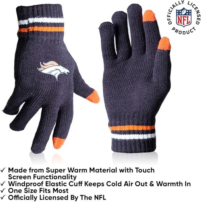 Ultra Game NFL Official Adults Unisex Super Soft Winter Beanie Knit Hat With Extra Warm Touch Screen Gloves, Denver Broncos, Team Color, 1SIZE|Denver Broncos