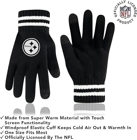 Ultra Game NFL Official Adults Super Soft Marled Winter Beanie Knit Hat with Extra Warm Touch Screen Gloves, Pittsburgh Steelers, Black, One Size|Pittsburgh Steelers