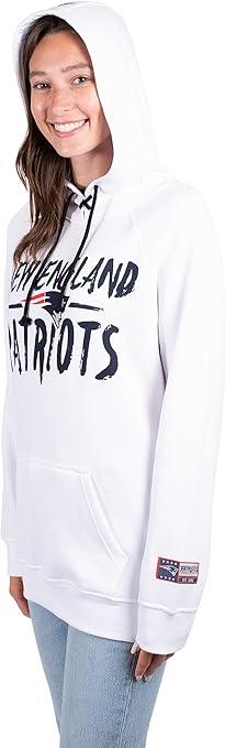 Ultra Game NFL Official Women's Super Soft Tie Neck Pullover Hoodie Sweatshirt, New England Patriots, White|New England Patriots