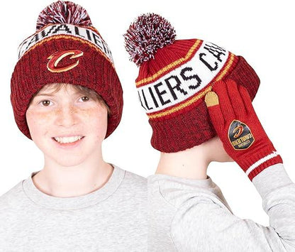 Ultra Game NBA Official Boys Girls Super Soft Winter Beanie Knit Hat With Extra Warm Touch Screen Gloves, Cleveland Cavaliers, Team Color, 1SIZE|Cleveland Cavaliers