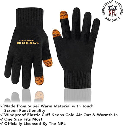 NFL Official Adults Super Soft Two Tone Winter Beanie Knit Hat with Extra Warm Touch Screen Gloves|Cincinnati Bengals