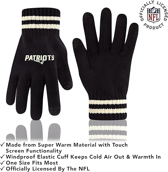 Ultra Game NFL Official Adults Super Soft Cable Knit Winter Beanie Knit Hat with Extra Warm Touch Screen Gloves, New England Patriots, One Size|New England Patriots