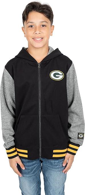 Ultra Game NFL official Youth Super Soft Full Zip Varsity Hoodie Sweatshirt, Green Bay Packers, Team Color|Green Bay Packers