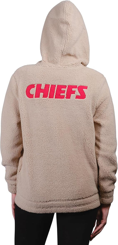 Ultra Game NFL Official Women's Super Soft Sherpa Full Zip Hoodie Sweatshirt Jacket, Kansas City Chiefs, Sand|Kansas City Chiefs