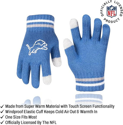 Ultra Game NFL Official Youth Super Soft Winter Beanie Knit Hat With Extra Warm Touch Screen Gloves, Detroit Lions, Team Color 1, 1 SIZE|Detroit Lions