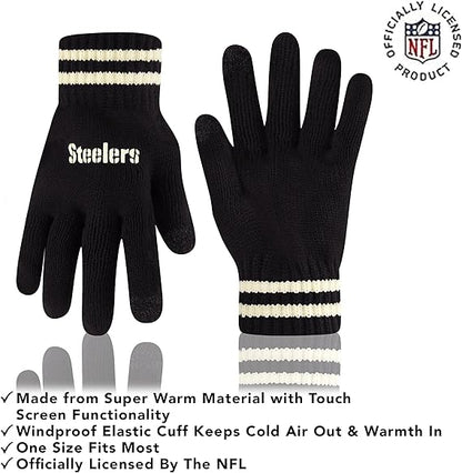 Ultra Game NFL Official Adults Super Soft Cable Knit Winter Beanie Knit Hat with Extra Warm Touch Screen Gloves, Pittsburgh Steelers, One Size|Pittsburgh Steelers