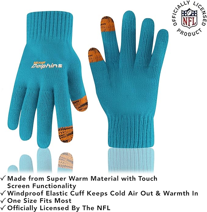 NFL Official Adults Super Soft Two Tone Winter Beanie Knit Hat with Extra Warm Touch Screen Gloves|Miami Dolphins