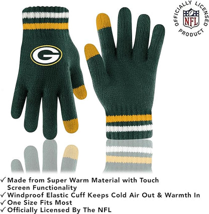 NFL Green Bay Packers Womens Super Soft Team Stripe Winter Beanie Knit Hat with Extra Warm Touch Screen Gloves|Green Bay Packers