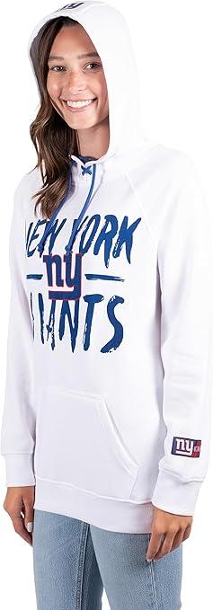 Ultra Game NFL Official Women's Super Soft Tie Neck Pullover Hoodie Sweatshirt, New York Giants, White|New York Giants