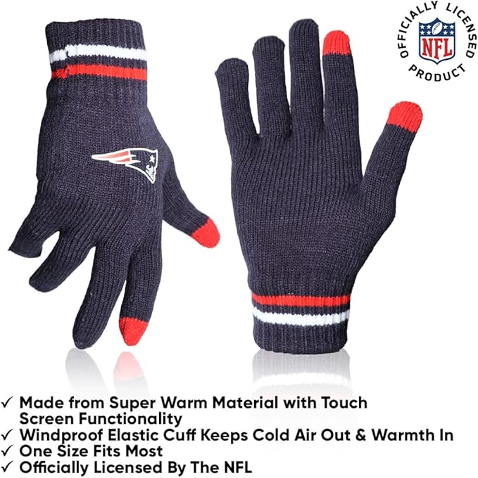 Ultra Game NFL Official Adults Unisex Super Soft Winter Beanie Knit Hat With Extra Warm Touch Screen Gloves, New England Patriots, Team Color, 1 SIZE|New England Patriots