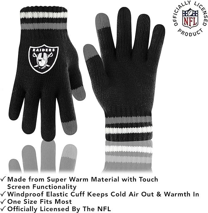 NFL Womens Super Soft Team Stripe Winter Beanie Knit Hat with Extra Warm Touch Screen Gloves|Las Vegas Raiders