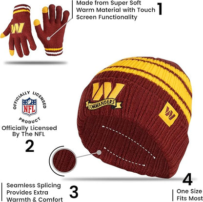 Ultra Game Youth NFL Official Super Soft Team Stripe Winter Beanie Knit Hat with Extra Warm Touch Screen Gloves|Washington Commanders