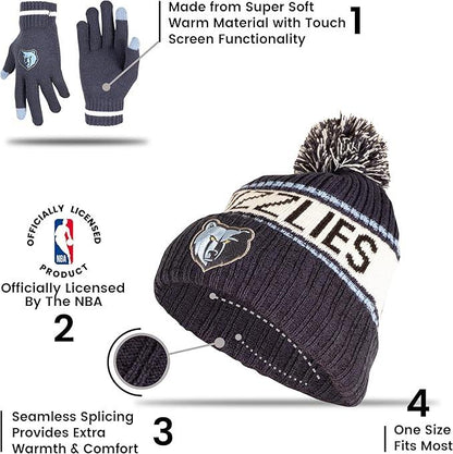 Ultra Game NBA Official Men’s Super Soft Winter Beanie Knit Hat With Extra Warm Touch Screen Gloves - Unisex, Memphis Grizzlies, Team Color, 1SIZE|Memphis Grizzlies