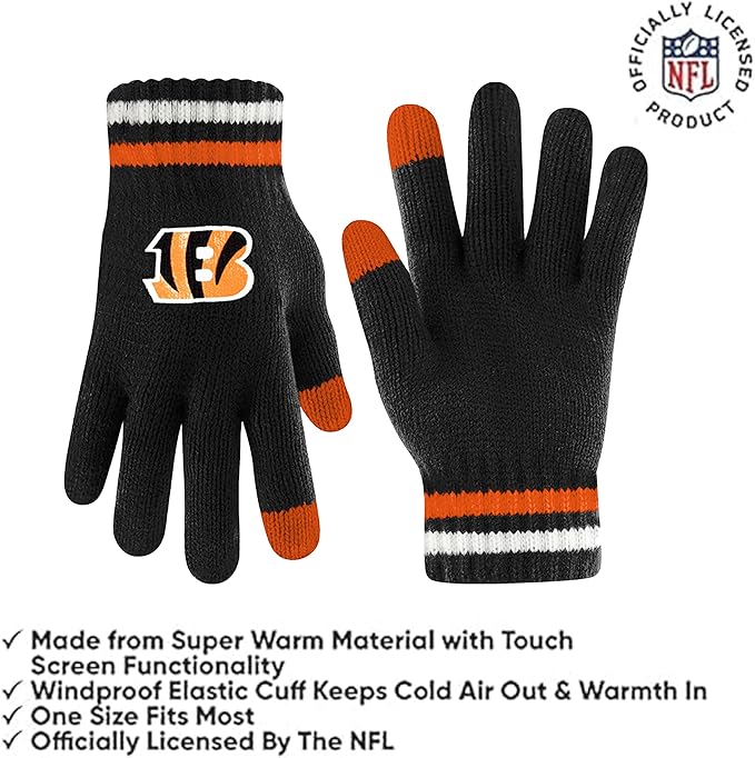 Ultra Game Youth NFL Official Super Soft Team Stripe Winter Beanie Knit Hat with Extra Warm Touch Screen Gloves|Cincinnati Bengals