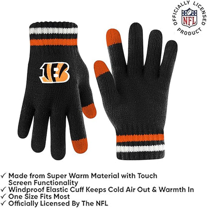 Ultra Game Youth NFL Official Super Soft Team Stripe Winter Beanie Knit Hat with Extra Warm Touch Screen Gloves|Cincinnati Bengals