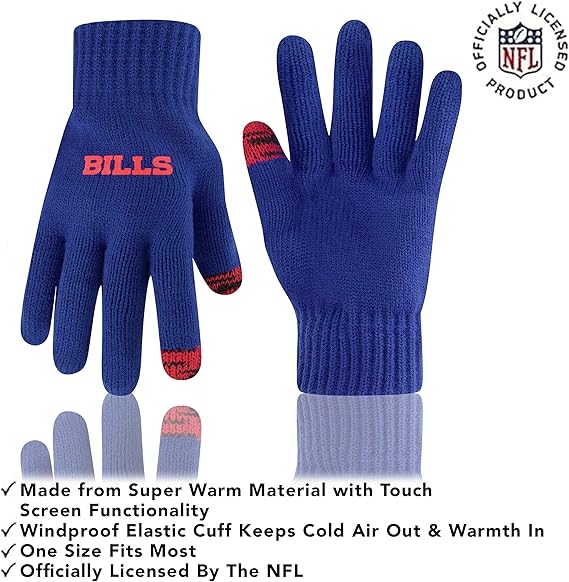 NFL Official Adults Super Soft Two Tone Winter Beanie Knit Hat with Extra Warm Touch Screen Gloves|Buffalo Bills