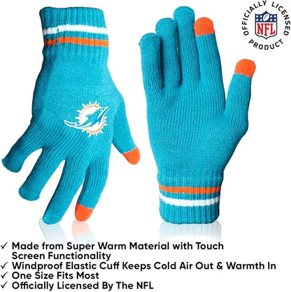 NFL Official Adults Unisex Super Soft Winter Beanie Knit Hat With Extra Warm Touch Screen Gloves|Miami Dolphins