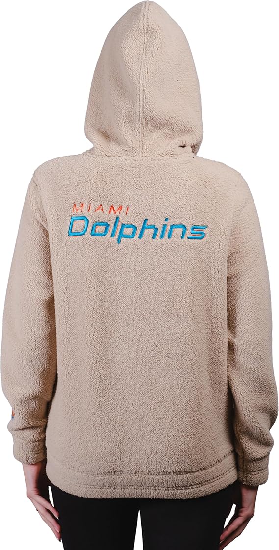 Ultra Game NFL Official Women's Super Soft Sherpa Full Zip Hoodie Sweatshirt Jacket, Miami Dolphins, Sand|Miami Dolphins