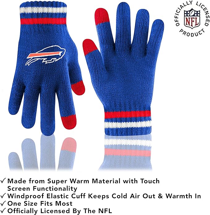 Ultra Game NFL Buffalo Bills Womens Super Soft Team Stripe Winter Beanie Knit Hat with Extra Warm Touch Screen Gloves|Buffalo Bills