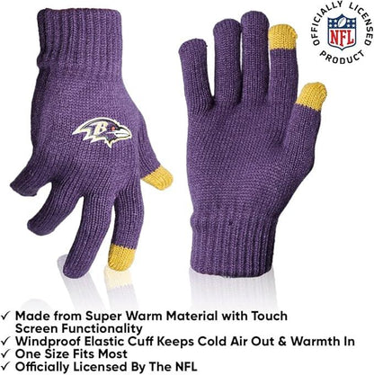 Ultra Game NFL Official Adults Unisex Super Soft Winter Beanie Knit Hat With Extra Warm Touch Screen Gloves, Baltimore Ravens, Team Color, 1 SIZE|Baltimore Ravens