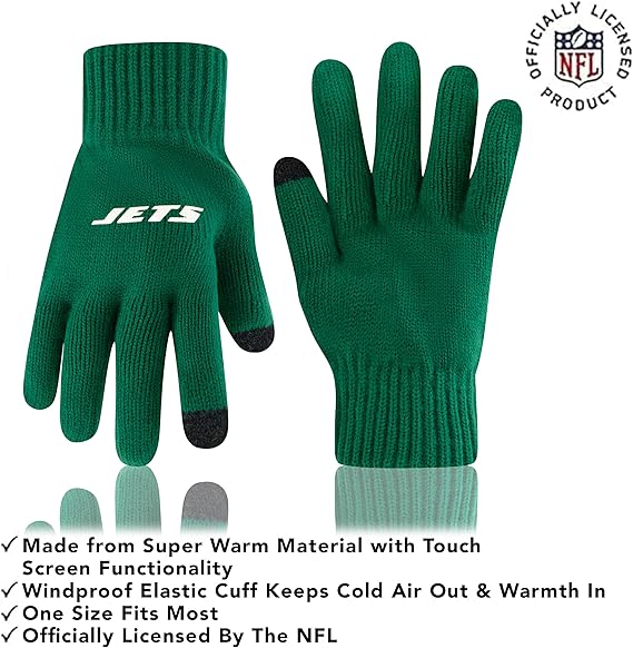 NFL Official Adults Super Soft Two Tone Winter Beanie Knit Hat with Extra Warm Touch Screen Gloves|New York Jets