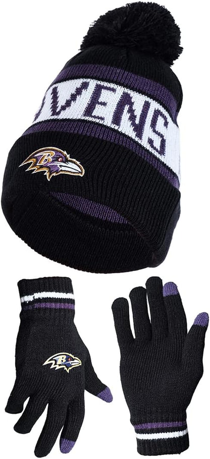 Ultra Game NFL Official Adults Unisex Super Soft Winter Beanie Knit Hat With Extra Warm Touch Screen Gloves, Baltimore Ravens, Team Color, 1 SIZE|Baltimore Ravens