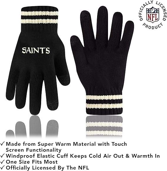 Ultra Game NFL Official Adults Super Soft Cable Knit Winter Beanie Knit Hat with Extra Warm Touch Screen Gloves, New Orleans Saints, Black, One Size|New Orleans Saints