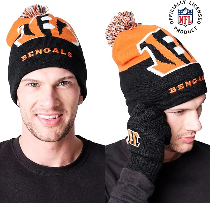 NFL Official Adults Unisex Super Soft Winter Beanie Knit Hat With Extra Warm Touch Screen Gloves|Cincinnati Bengals