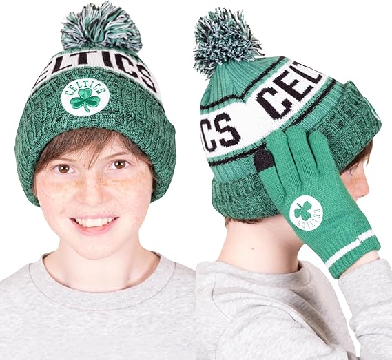 Ultra Game NBA Official Boys Girls Super Soft Winter Beanie Knit Hat With Extra Warm Touch Screen Gloves, Boston Celtics, Team Color, 1SIZE|Boston Celtics