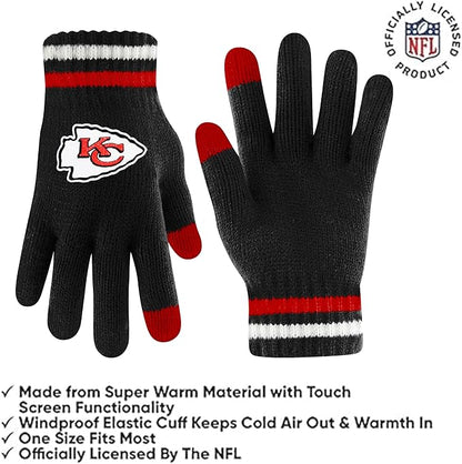 Ultra Game Youth NFL Official Super Soft Team Stripe Winter Beanie Knit Hat with Extra Warm Touch Screen Gloves|Kansas City Chiefs