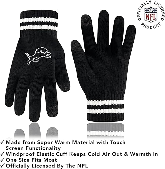 Ultra Game NFL Official Adults Super Soft Marled Winter Beanie Knit Hat with Extra Warm Touch Screen Gloves, Detroit Lions, Black, One Size|Detroit Lions