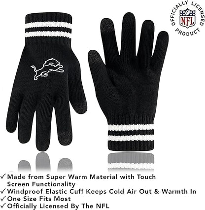 Ultra Game NFL Official Adults Super Soft Marled Winter Beanie Knit Hat with Extra Warm Touch Screen Gloves, Detroit Lions, Black, One Size|Detroit Lions