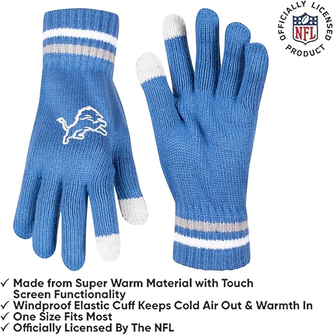 Ultra Game NFL Official Adults Unisex Super Soft Winter Beanie Knit Hat With Extra Warm Touch Screen Gloves, Detroit Lions, Team Color, 1SIZE|Detroit Lions