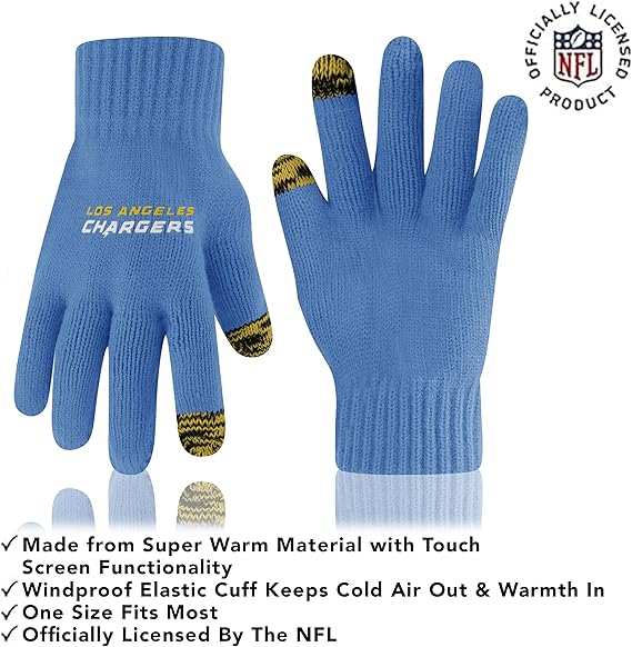 Ultra Game NFL Official Adults Super Soft Two Tone Winter Beanie Knit Hat with Extra Warm Touch Screen Gloves, Los Angeles Chargers, Team Color, One Size|Los Angeles Chargers