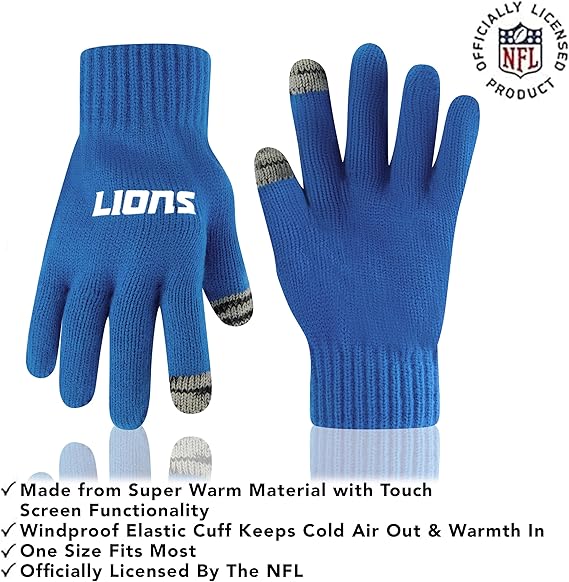 NFL Official Adults Super Soft Two Tone Winter Beanie Knit Hat with Extra Warm Touch Screen Gloves|Detroit Lions