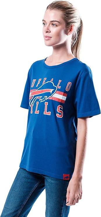 Ultra Game NFL Official Women's Distressed Graphics Super Soft Crew Neck T-Shirt, Buffalo Bills, Team Color|Buffalo Bills