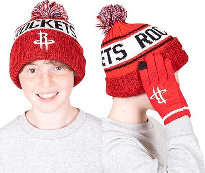 Ultra Game NBA Official Boys Girls Super Soft Winter Beanie Knit Hat With Extra Warm Touch Screen Gloves, Houston Rockets, Team Color, 1SIZE|Houston Rockets