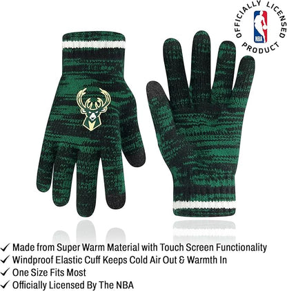 Ultra Game NBA Official Men's Super Soft Winter Beanie Knit Hat with Extra Warm Touch Screen Gloves, Milwaukee Bucks, Team Color|Milwaukee Bucks