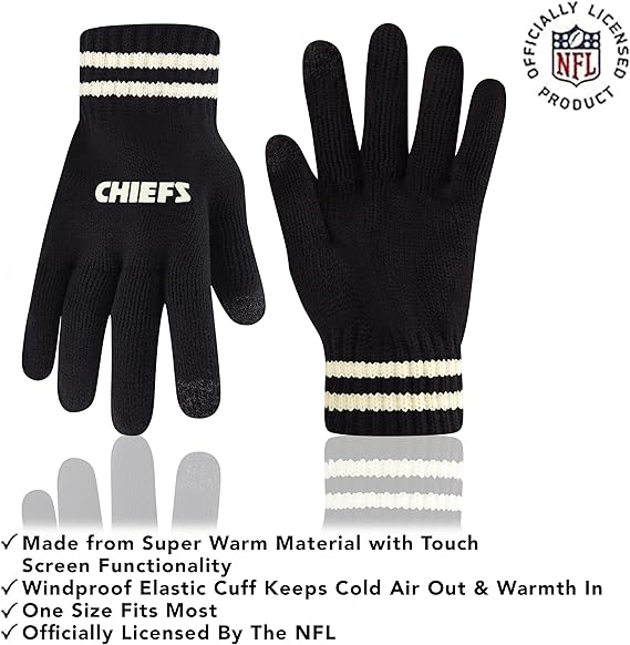 NFL Official Adults Super Soft Cable Knit Winter Beanie Knit Hat with Extra Warm Touch Screen Gloves, Kansas City Chiefs, One Size|Kansas City Chiefs