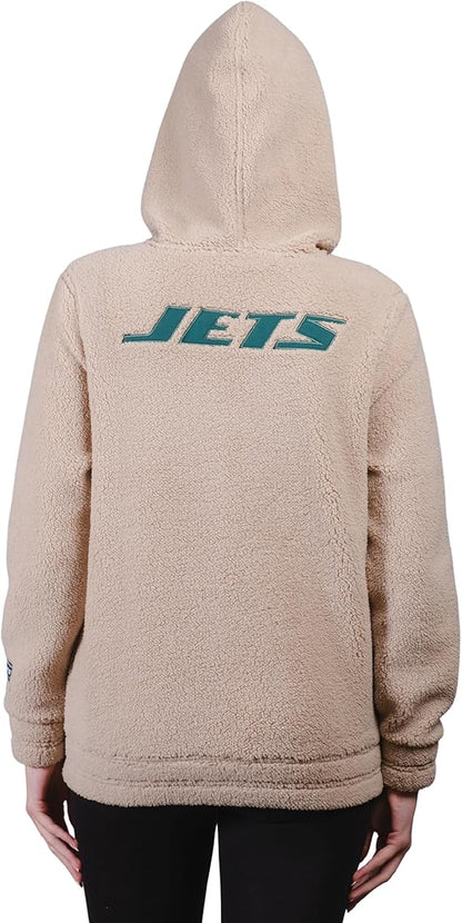 Ultra Game NFL Official Women's Super Soft Sherpa Full Zip Hoodie Sweatshirt Jacket, New York Jets, Sand|New York Jets