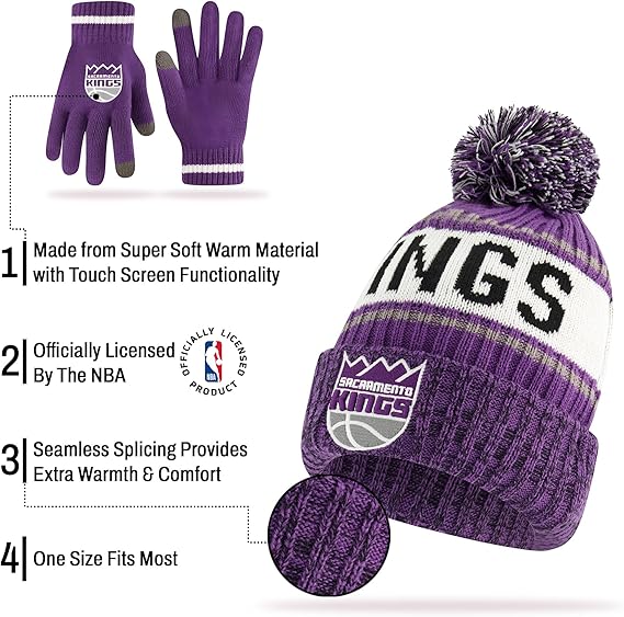 Ultra Game NBA Official Men’s Super Soft Winter Beanie Knit Hat With Extra Warm Touch Screen Gloves - Unisex, Sacramento Kings, Team Color, 1SIZE|Sacramento Kings