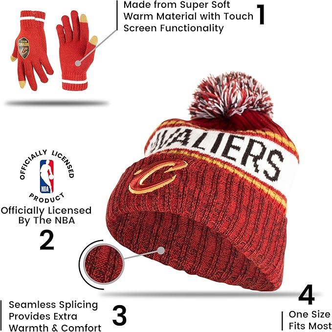 Ultra Game NBA Official Men’s Super Soft Winter Beanie Knit Hat With Extra Warm Touch Screen Gloves - Unisex, Cleveland Cavaliers, Team Color, 1SIZE|Cleveland Cavaliers