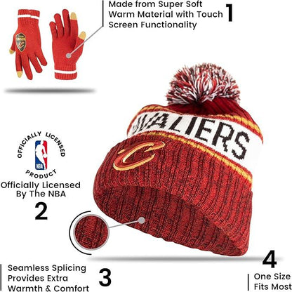 Ultra Game NBA Official Men’s Super Soft Winter Beanie Knit Hat With Extra Warm Touch Screen Gloves - Unisex, Cleveland Cavaliers, Team Color, 1SIZE|Cleveland Cavaliers