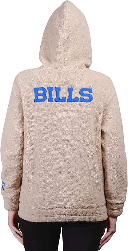 Ultra Game NFL Official Women's Super Soft Sherpa Full Zip Hoodie Sweatshirt Jacket, Buffalo Bills, Sand|Buffalo Bills